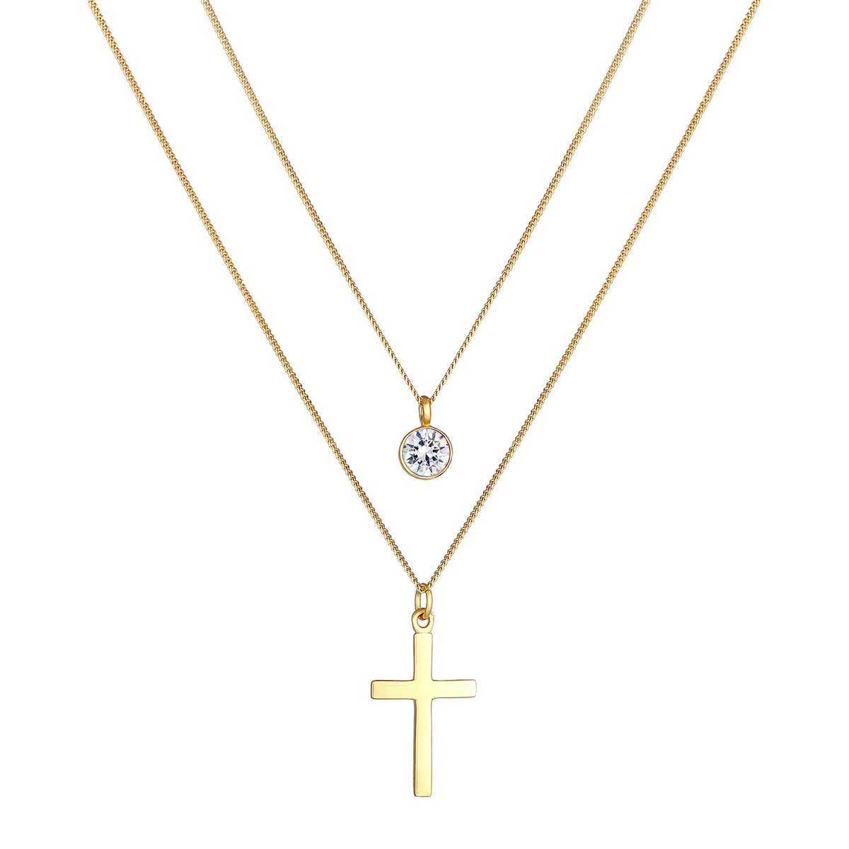 Gold - Elli | Layer-Halskette Kreuz | Mit Kristallen von Swarovski® (Weiß) | 925 Sterling Silber vergoldet