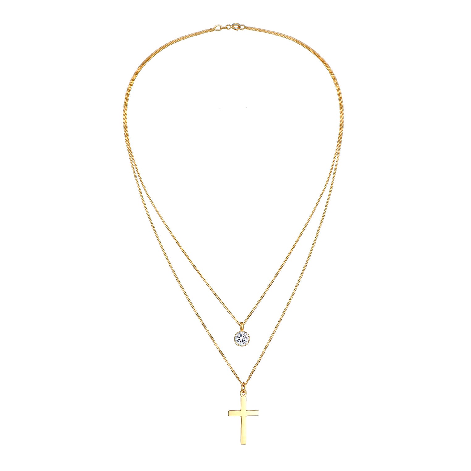 Gold - Elli | Layer-Halskette Kreuz | Kristall ( Weiß ) | 925 Sterling Silber vergoldet