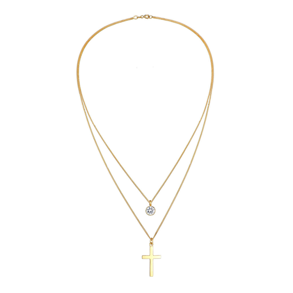 Gold - Elli | Layer-Halskette Kreuz | Mit Kristallen von Swarovski® (Weiß) | 925 Sterling Silber vergoldet