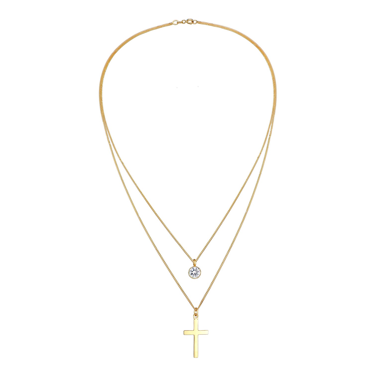 Gold - Elli | Layer-Halskette Kreuz | Mit Kristallen von Swarovski® (Weiß) | 925 Sterling Silber vergoldet