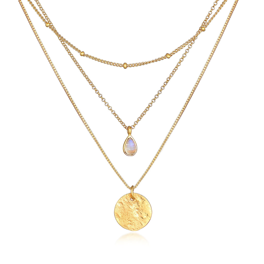 Gold - Elli PREMIUM | Venezianer-Layer-Halskette | Mondstein ( Weiß ) | 925 Sterling Silber vergoldet