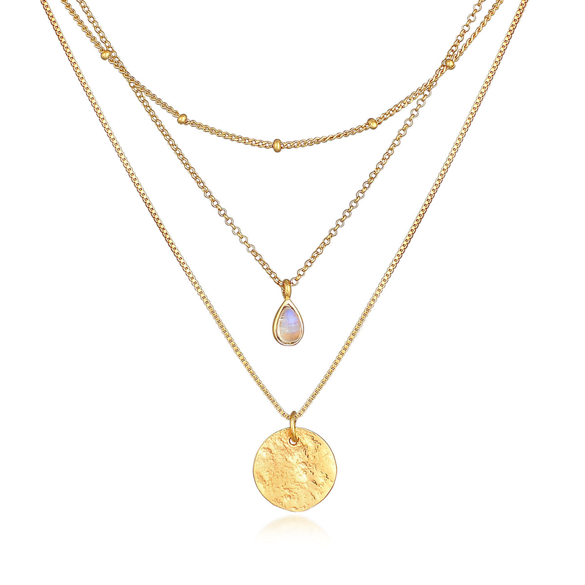 Gold - Elli PREMIUM | Venezianer-Layer-Halskette | Mondstein ( Weiß ) | 925 Sterling Silber vergoldet