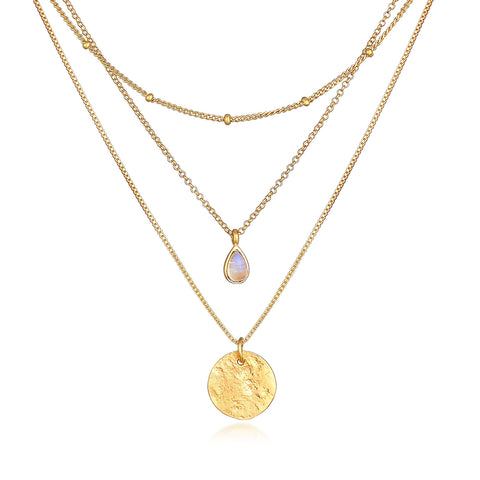 Gold - Elli PREMIUM | Venezianer-Layer-Halskette | Mondstein ( Weiß ) | 925 Sterling Silber vergoldet
