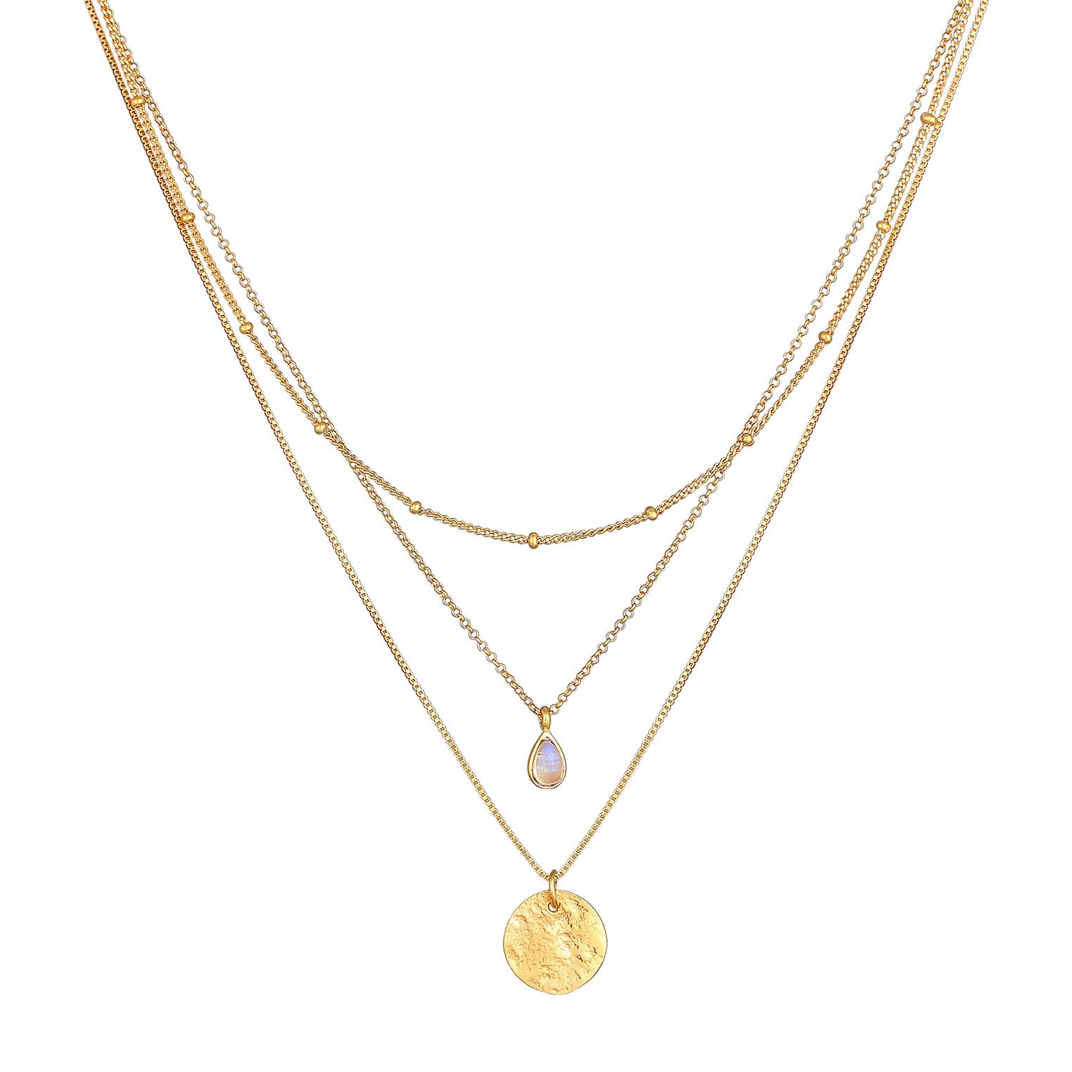 Gold - Elli PREMIUM | Venezianer-Layer-Halskette | Mondstein ( Weiß ) | 925 Sterling Silber vergoldet