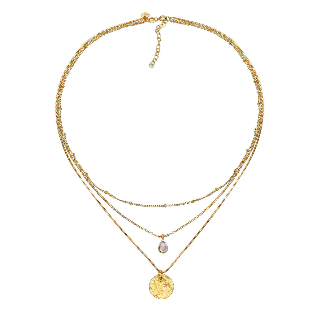Gold - Elli PREMIUM | Venezianer-Layer-Halskette | Mondstein ( Weiß ) | 925 Sterling Silber vergoldet
