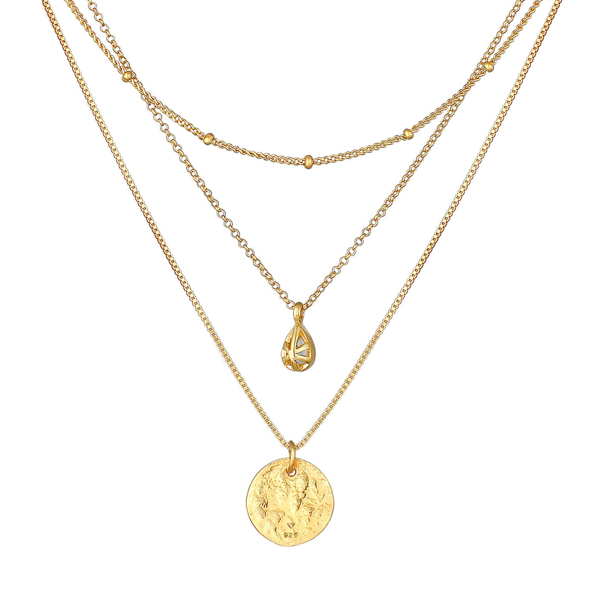 Gold - Elli PREMIUM | Venezianer-Layer-Halskette | Mondstein ( Weiß ) | 925 Sterling Silber vergoldet