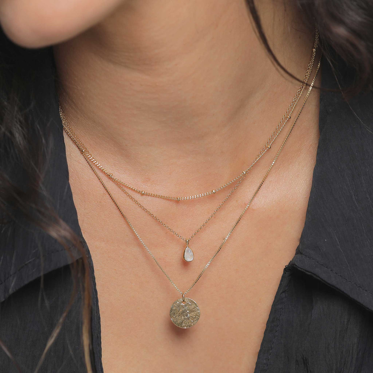 Gold - Elli PREMIUM | Venezianer-Layer-Halskette | Mondstein ( Weiß ) | 925 Sterling Silber vergoldet