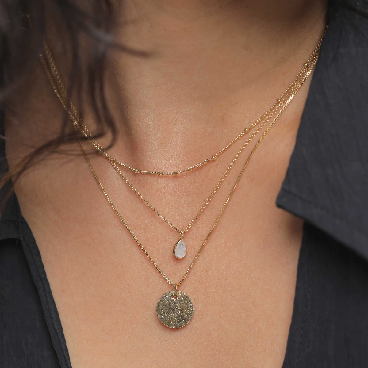 Gold - Elli PREMIUM | Venezianer-Layer-Halskette | Mondstein ( Weiß ) | 925 Sterling Silber vergoldet