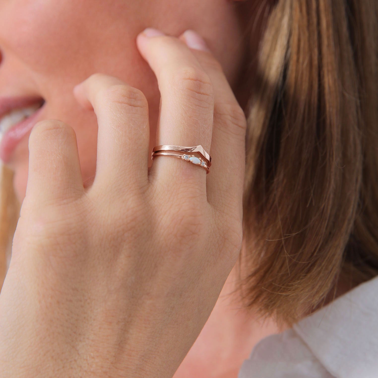 Roségold - Elli | Ringset | Opal ( Weiß ) | 925 Sterling Silber Rosegold
