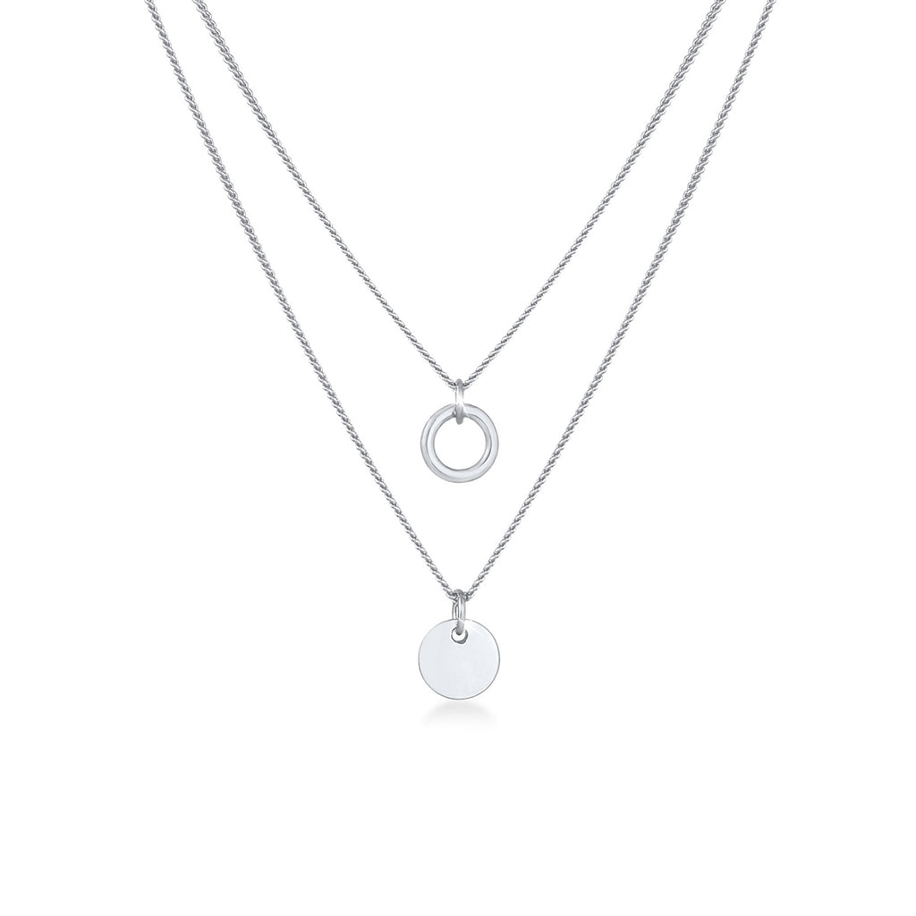 Silber - Elli | Layer-Halskette Plättchen Kreis | 925 Sterling Silber