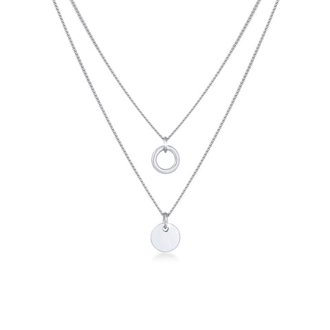 Silber - Elli | Layer-Halskette Plättchen Kreis | 925 Sterling Silber