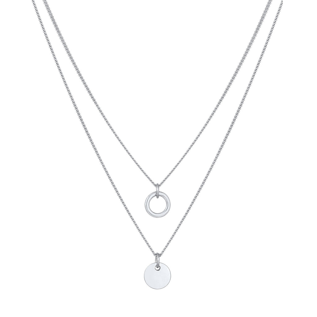 Silber - Elli | Layer-Halskette Plättchen Kreis | 925 Sterling Silber