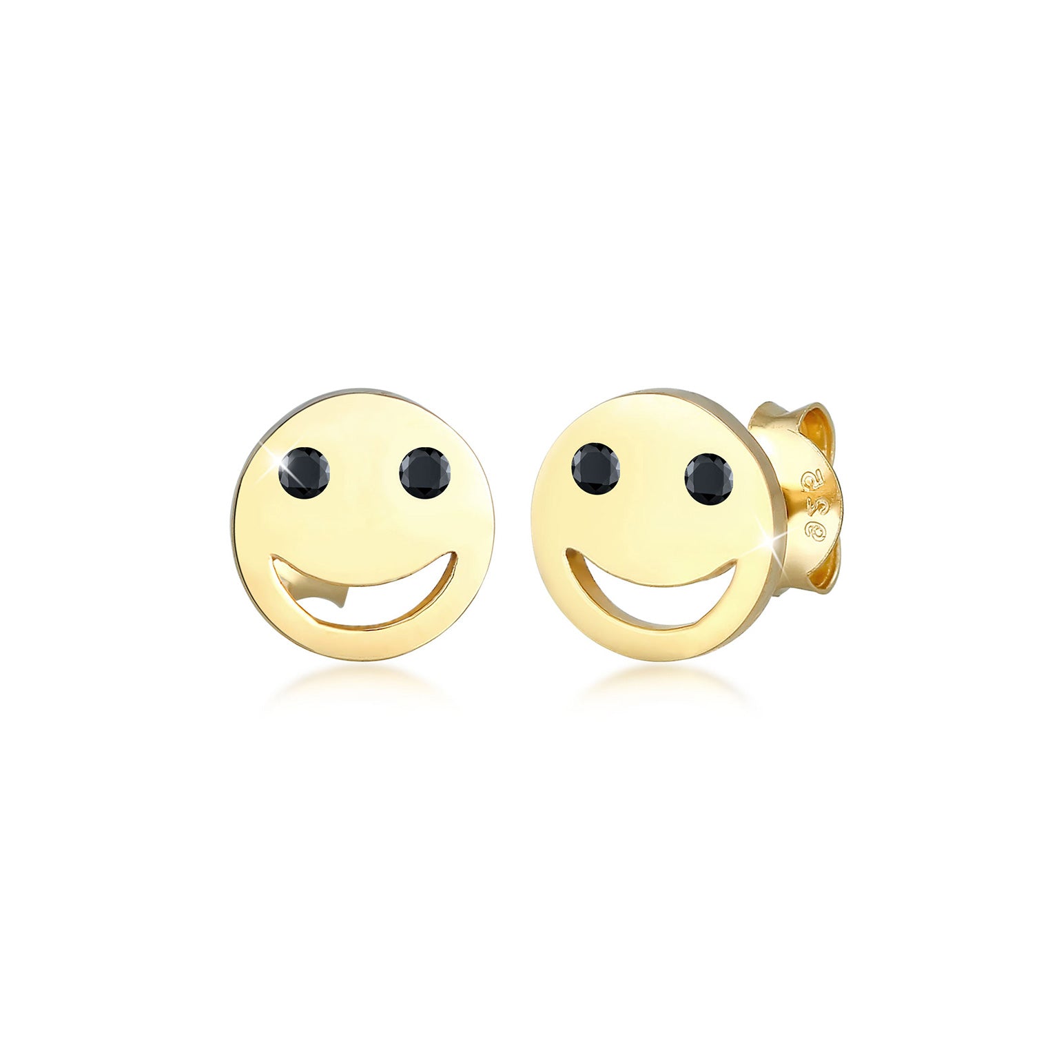 Gold - Elli | Ohrstecker mit Smiling Face | Zirkonia ( Schwarz ) | 925 Sterling Silber vergoldet