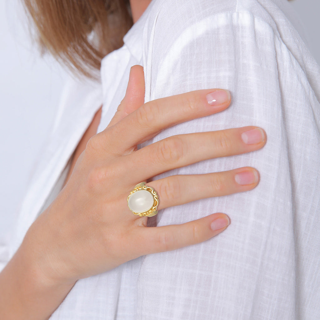 Gold - Elli PREMIUM | Ring Ornament | Mondstein ( Weiß ) | 925 Sterling Silber vergoldet