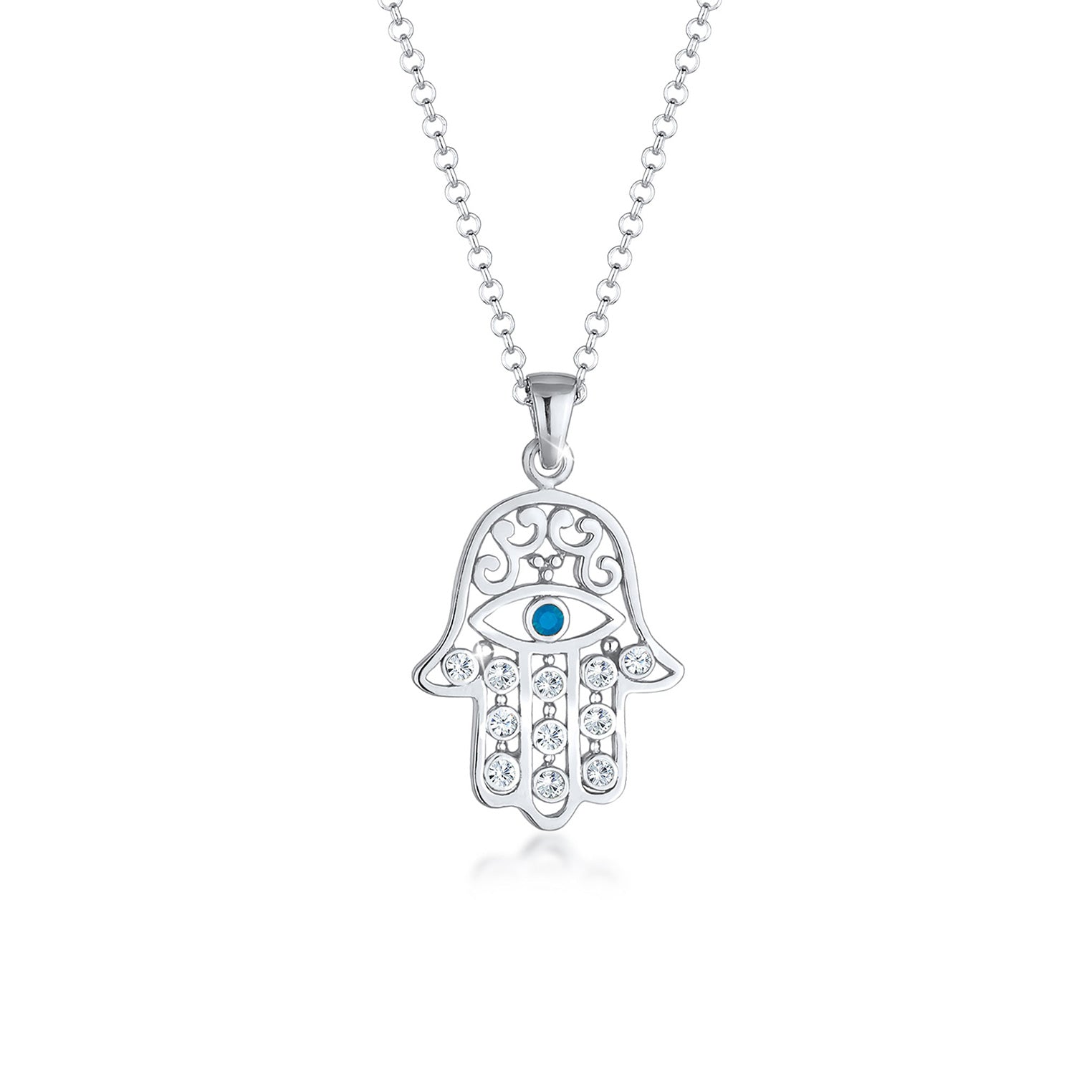 Silber - Elli | Lange Halskette Hamsa Hand | Mit Kristallen von Swarovski® (Weiß) | 925er Sterling Silber