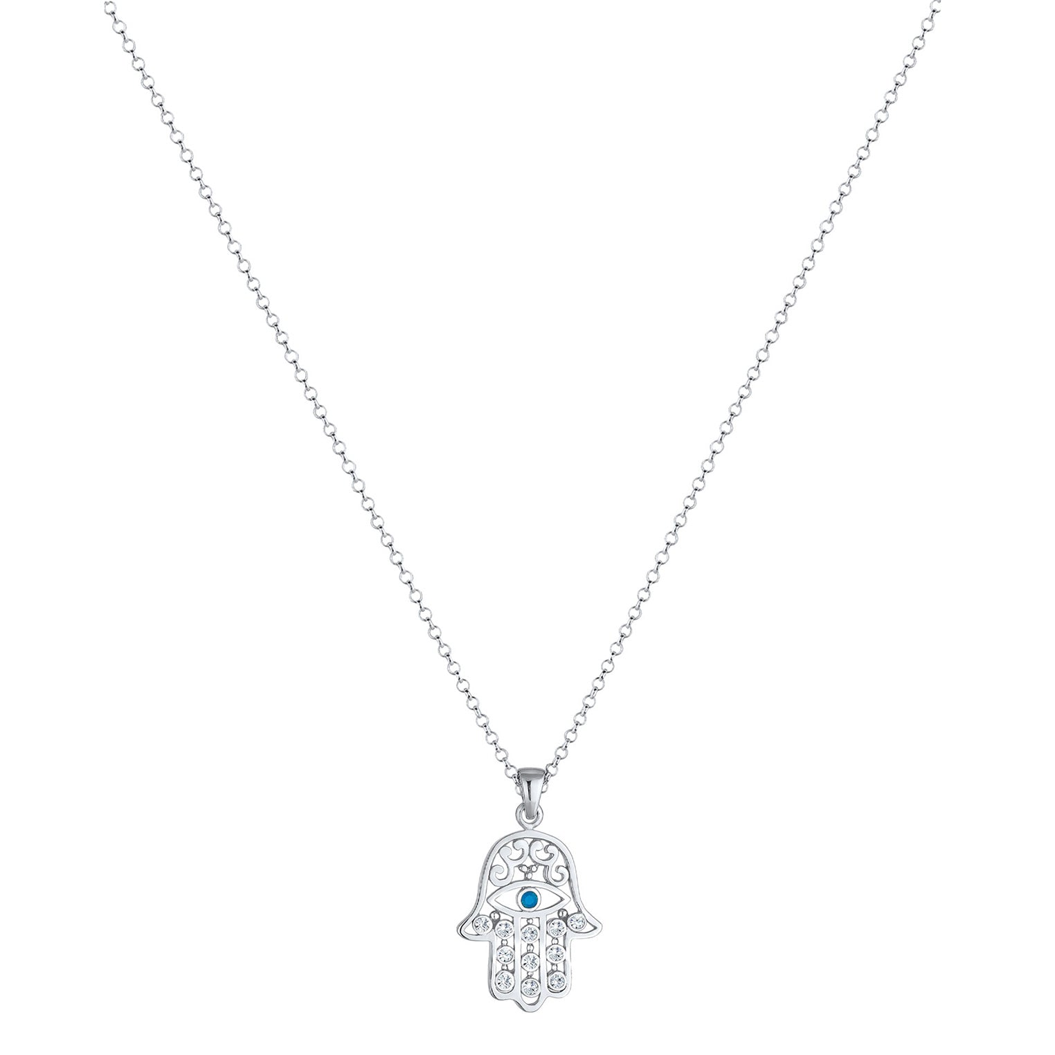 Silber - Elli | Lange Halskette Hamsa Hand | Mit Kristallen von Swarovski® (Weiß) | 925er Sterling Silber