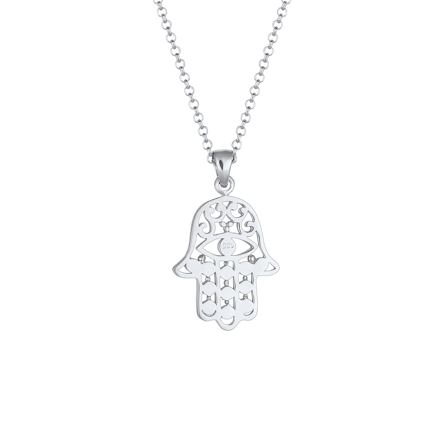 Silber - Elli | Lange Halskette Hamsa Hand | Mit Kristallen von Swarovski® (Weiß) | 925er Sterling Silber