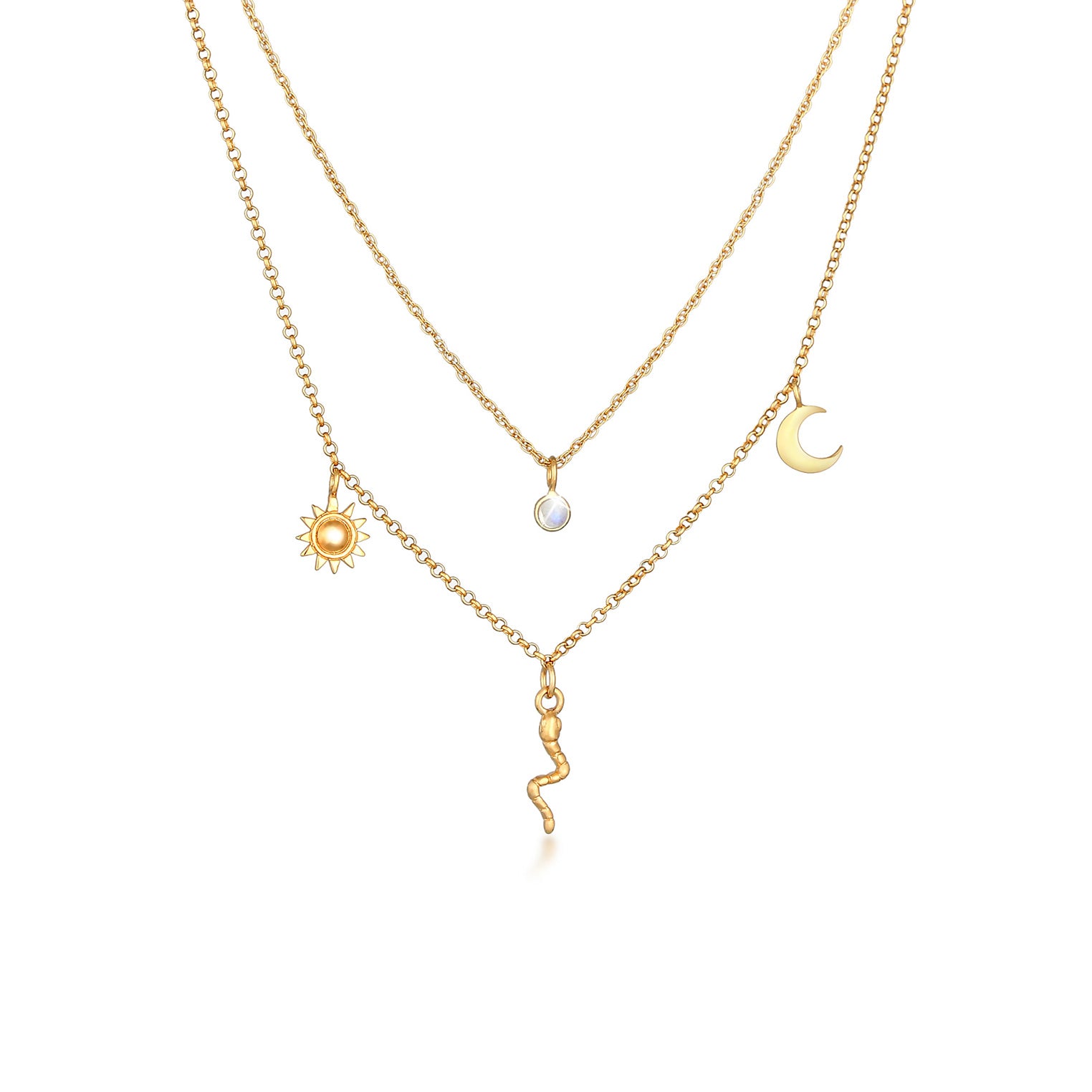 Gold - Elli PREMIUM | Layer-Halskette Halbmond | Mondstein ( Weiß ) | 925 Sterling Silber vergoldet