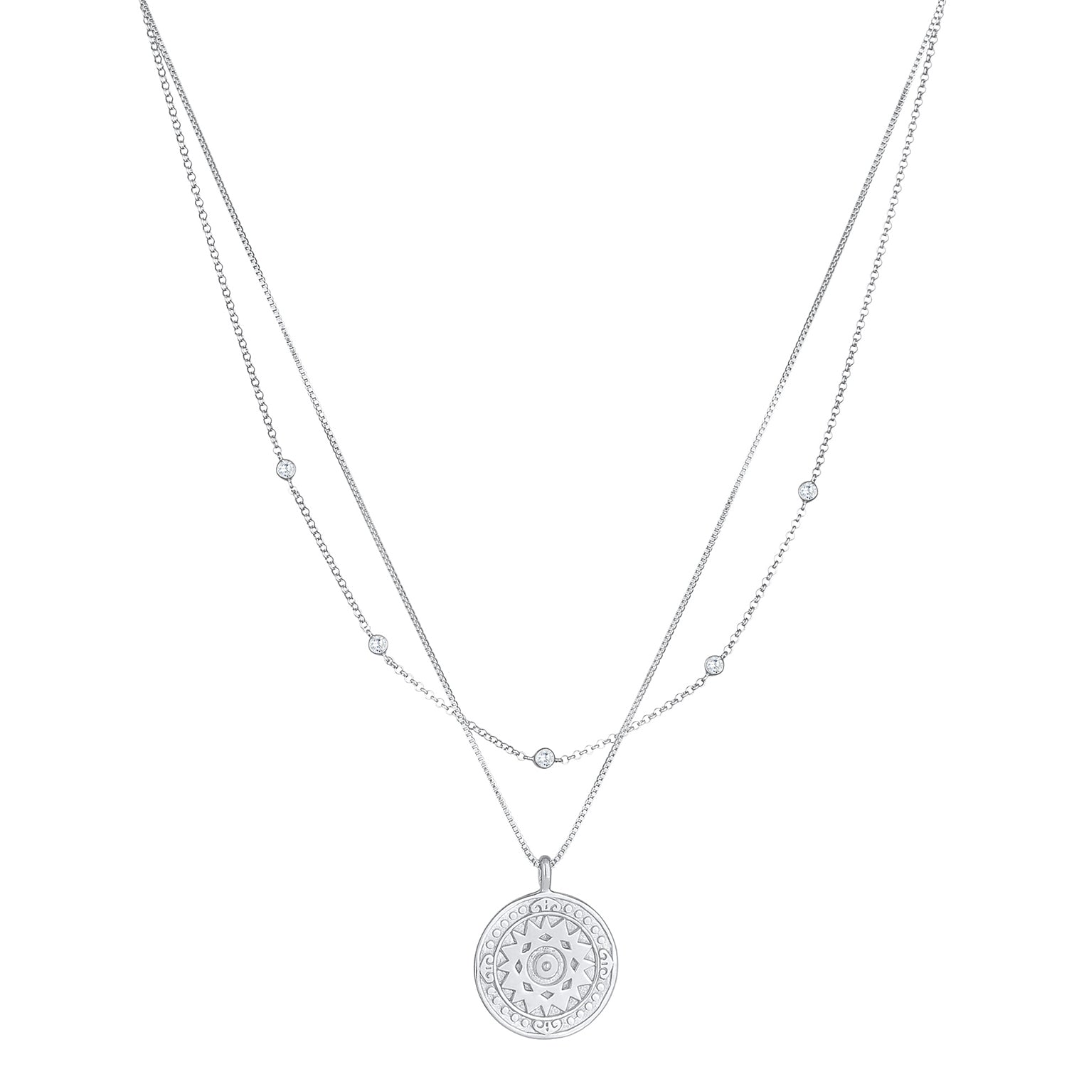 Silber - Elli | Layer-Halskette Münze | Zirkonia (weiß) | 925er Sterling Silber