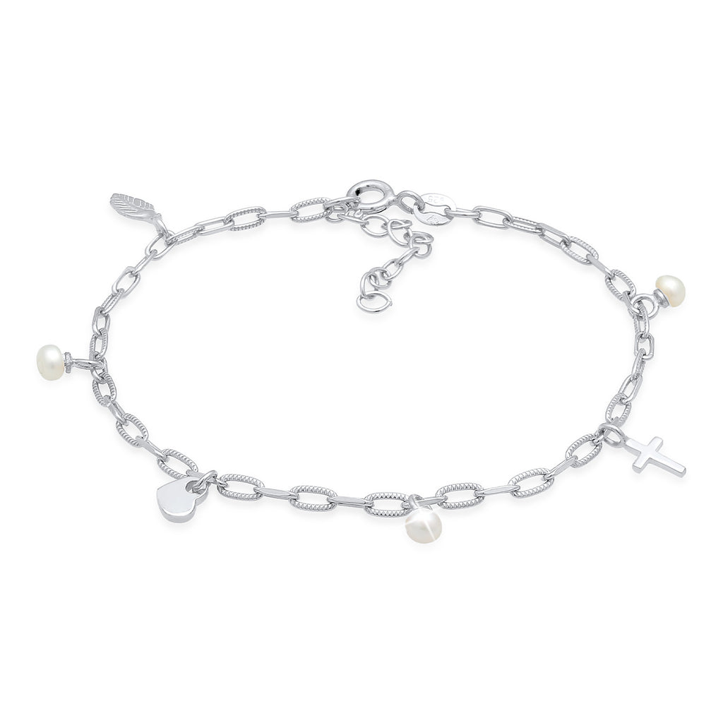 Silber - Elli | Armband Kreuz Feder Herz | Perle | 925er Sterling Silber