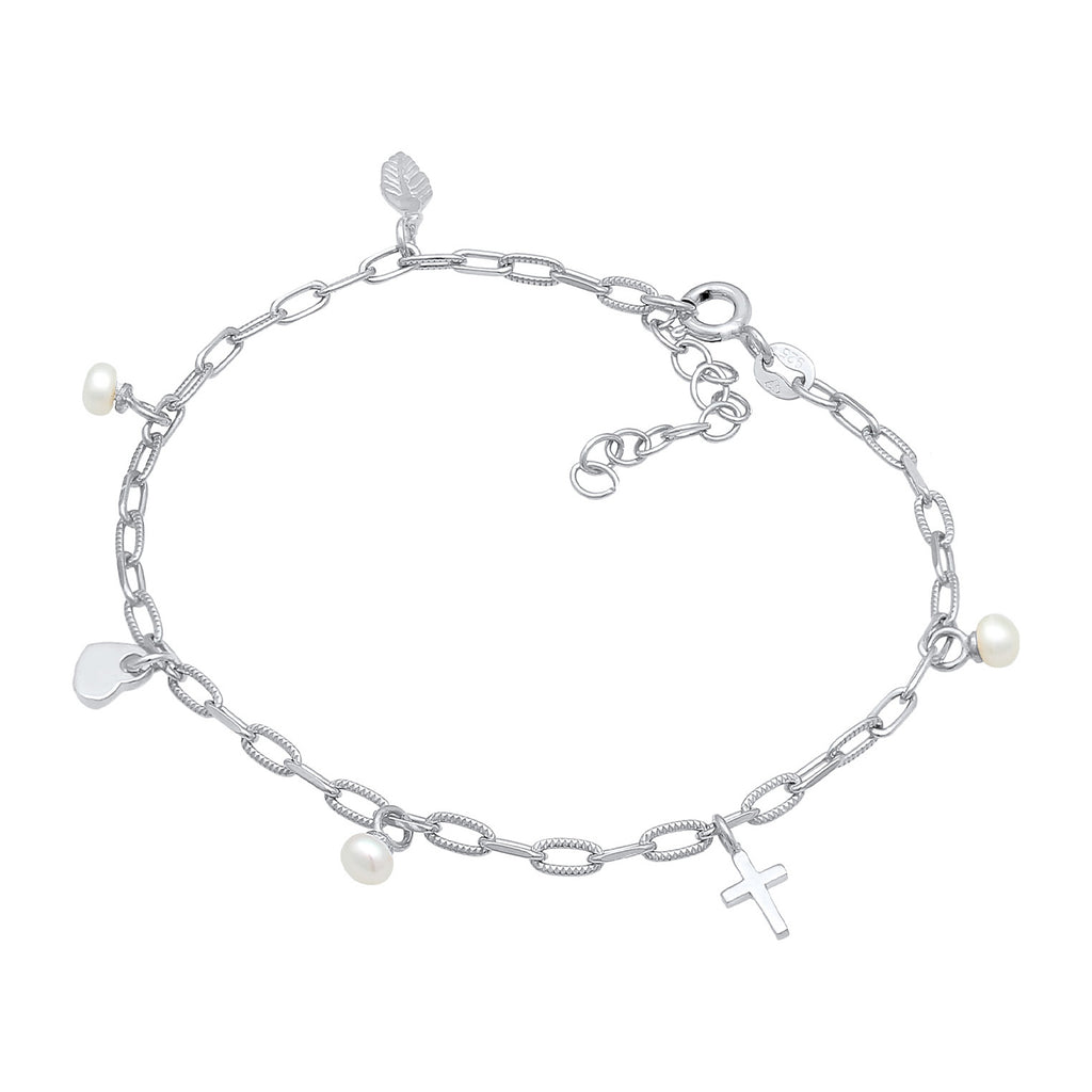 Silber - Elli | Armband Kreuz Feder Herz | Perle | 925er Sterling Silber