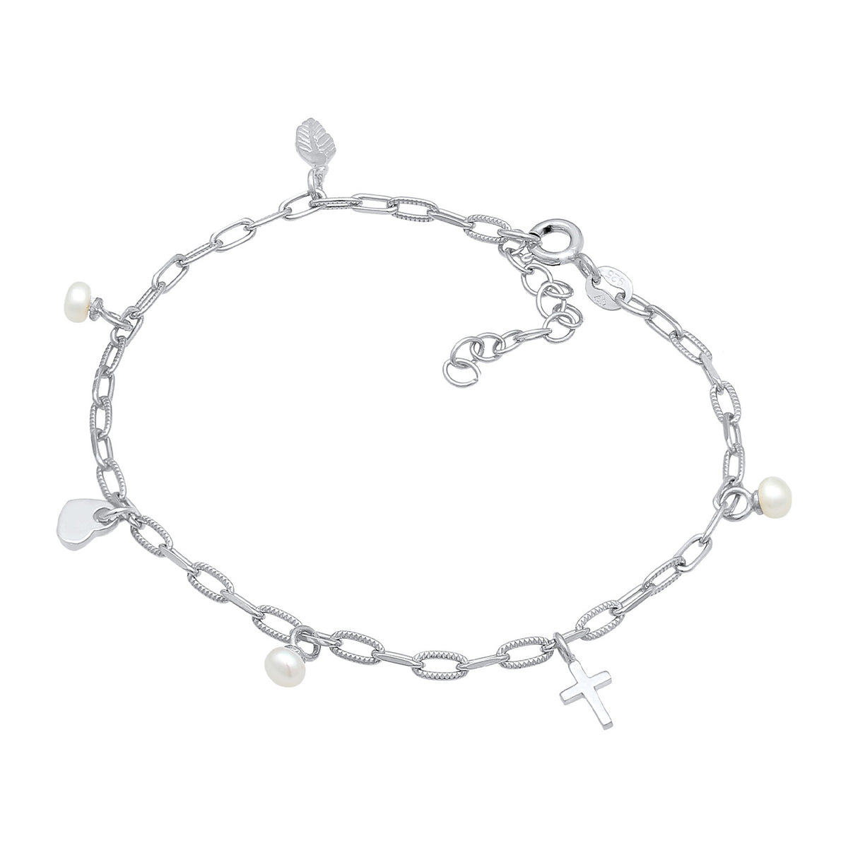 Silber - Elli | Armband Kreuz Feder Herz | Perle | 925er Sterling Silber
