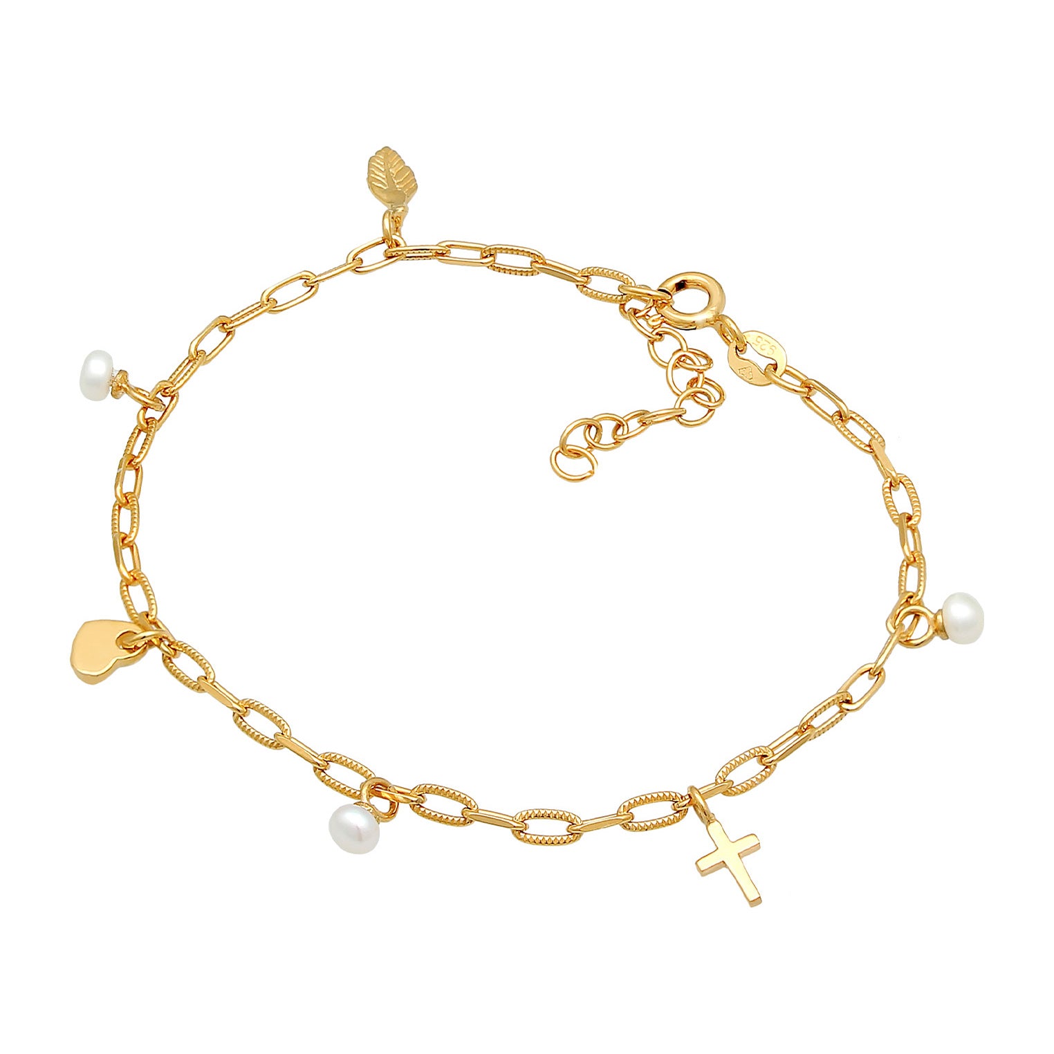 Gold - Elli | Armband Kreuz Feder Herz | Perle | 925er Sterling Silber