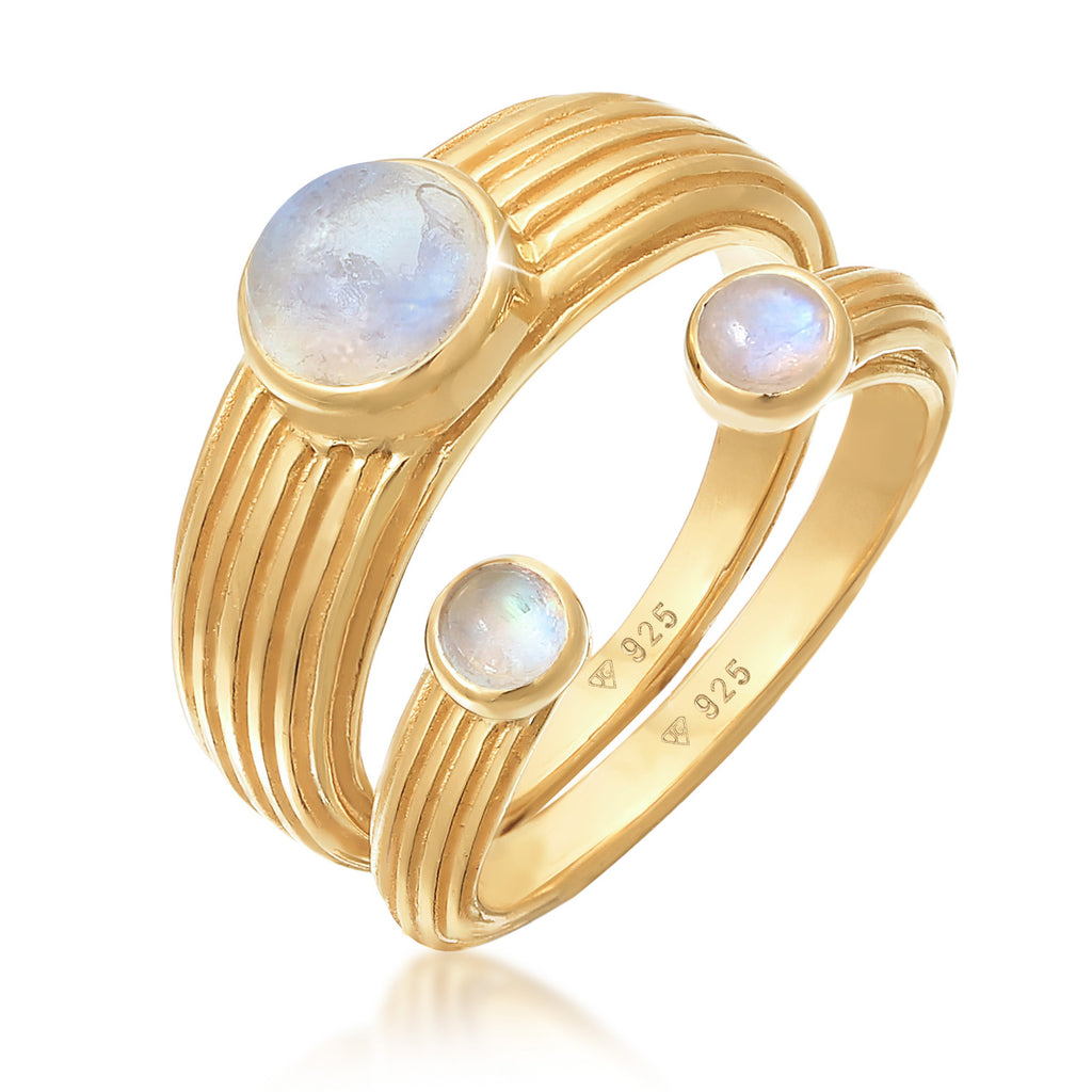 Gold - Elli PREMIUM | Siegelring 2er Set Offen | Mondstein (weiß) | 925er Sterling Silber Vergoldet