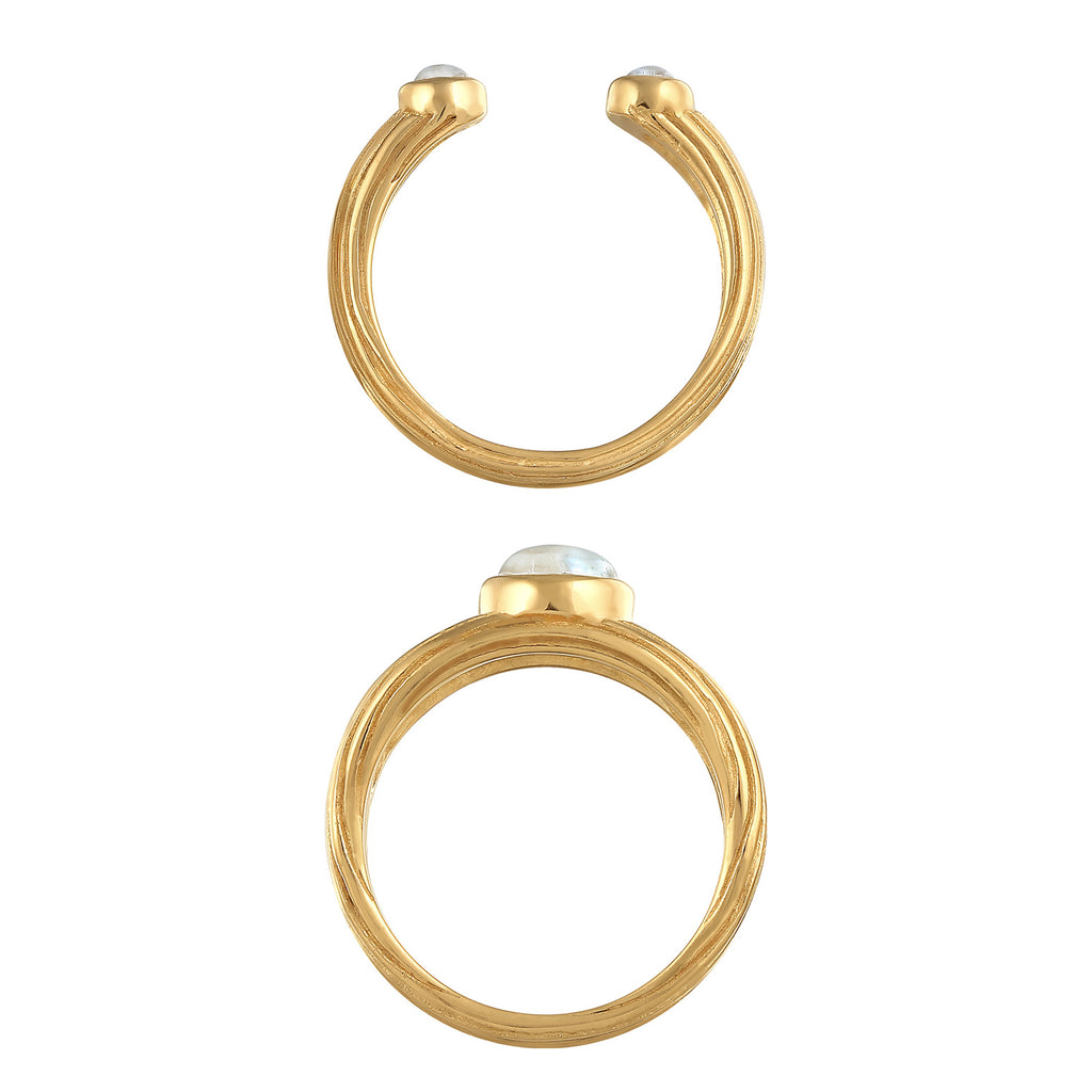 Gold - Elli PREMIUM | Siegelring 2er Set Offen | Mondstein (weiß) | 925er Sterling Silber Vergoldet