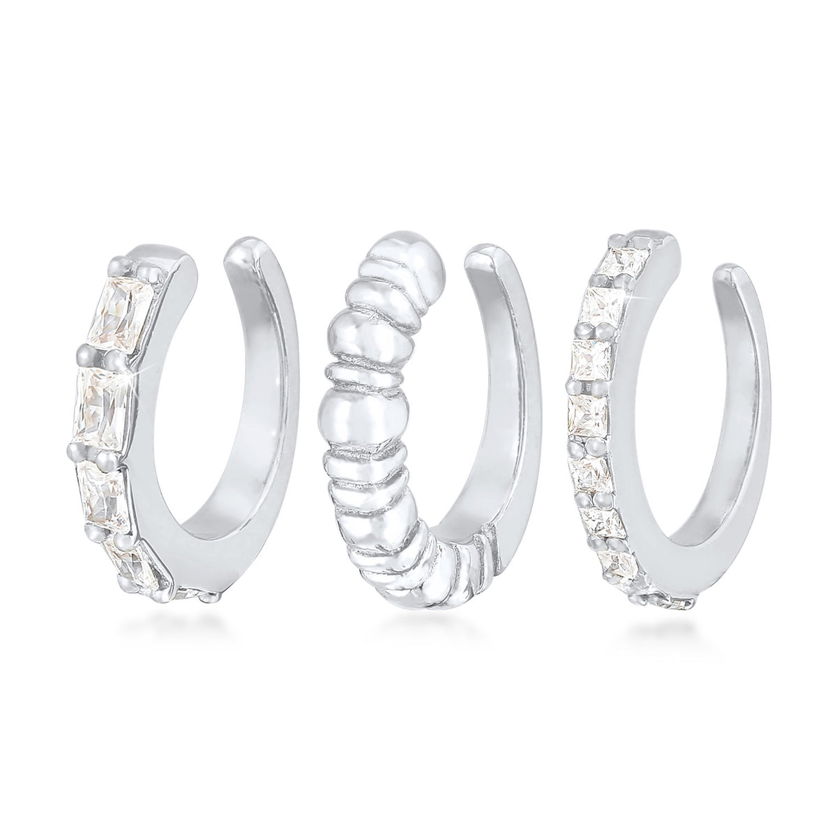 Silber - Elli PREMIUM | Earcuff 3er Set Geo | Zirkonia (weiß) | 925er Sterling Silber
