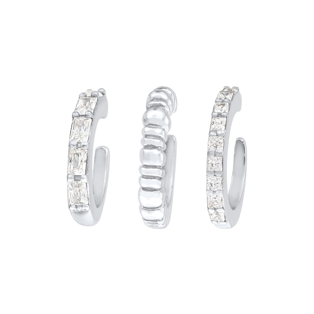 Silber - Elli PREMIUM | Earcuff 3er Set Geo | Zirkonia (weiß) | 925er Sterling Silber
