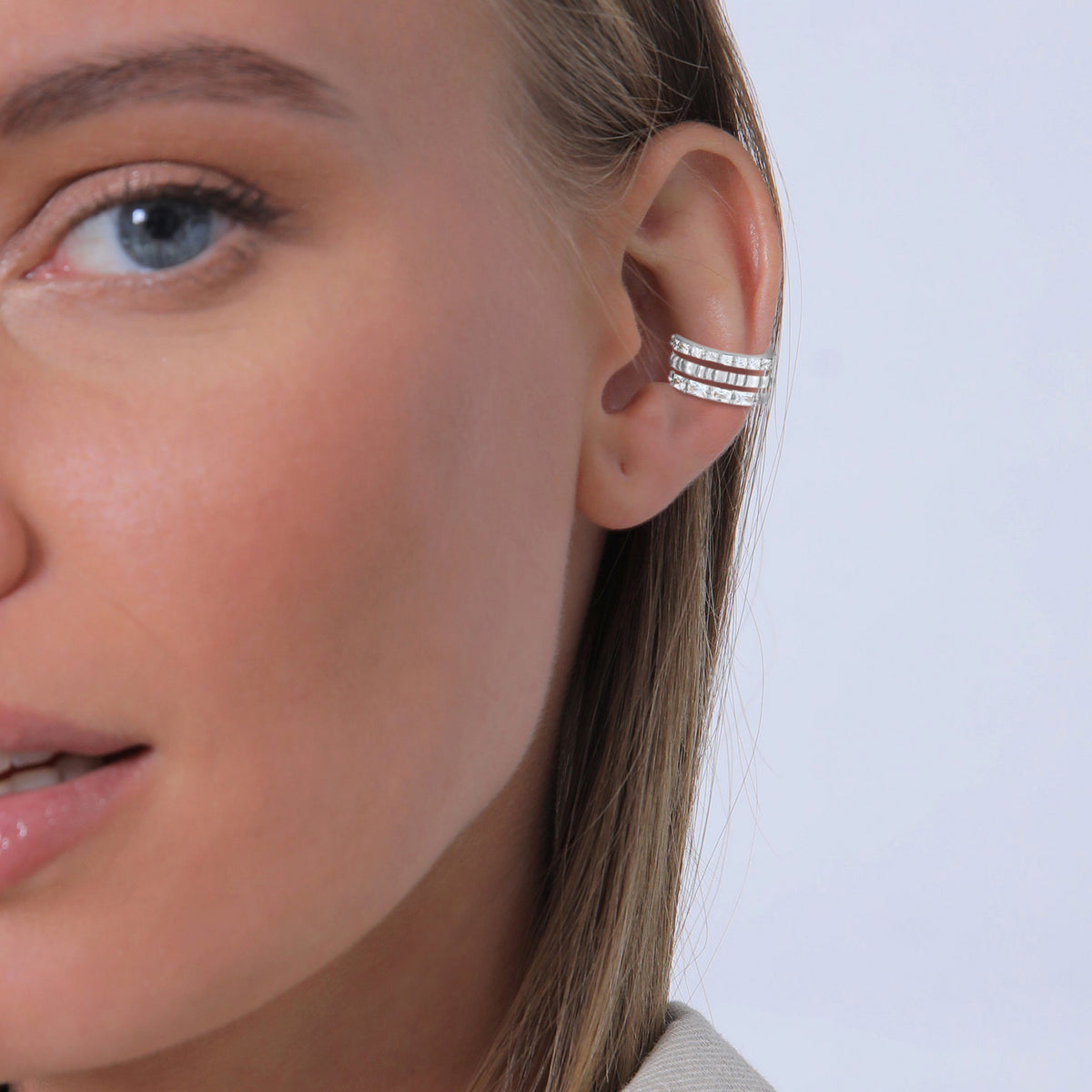 Silber - Elli PREMIUM | Earcuff 3er Set Geo | Zirkonia (weiß) | 925er Sterling Silber