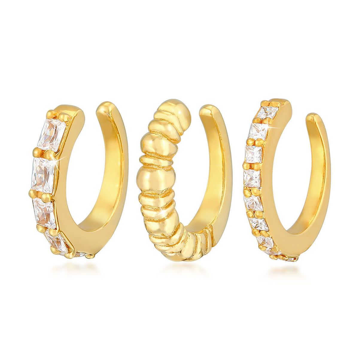 Gold - Elli PREMIUM | Earcuff 3er Set Geo | Zirkonia (weiß) | 925er Sterling Silber