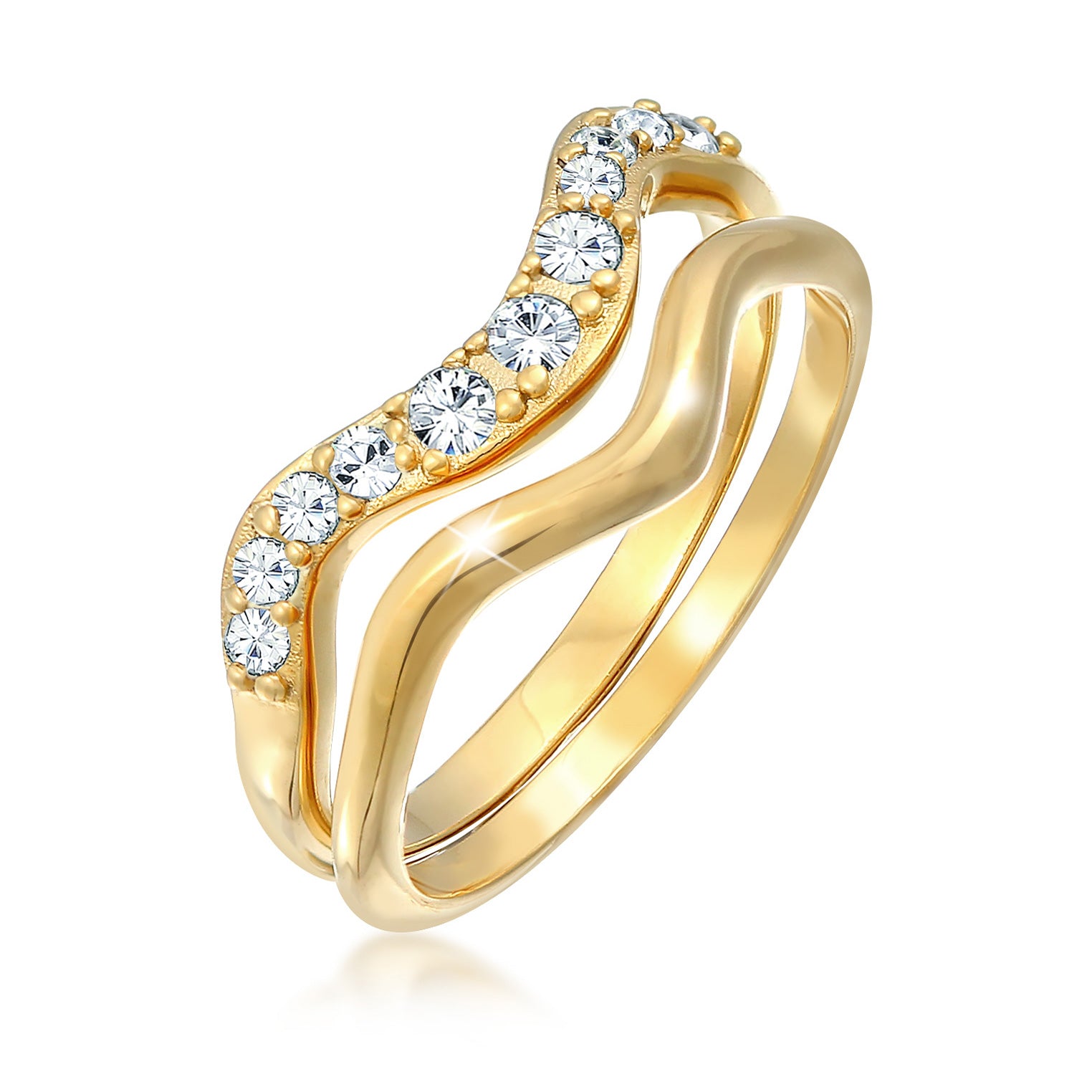 Gold - Elli | Ringset Welle | Kristallen (Weiß)| 925er Sterling Silber Vergoldet