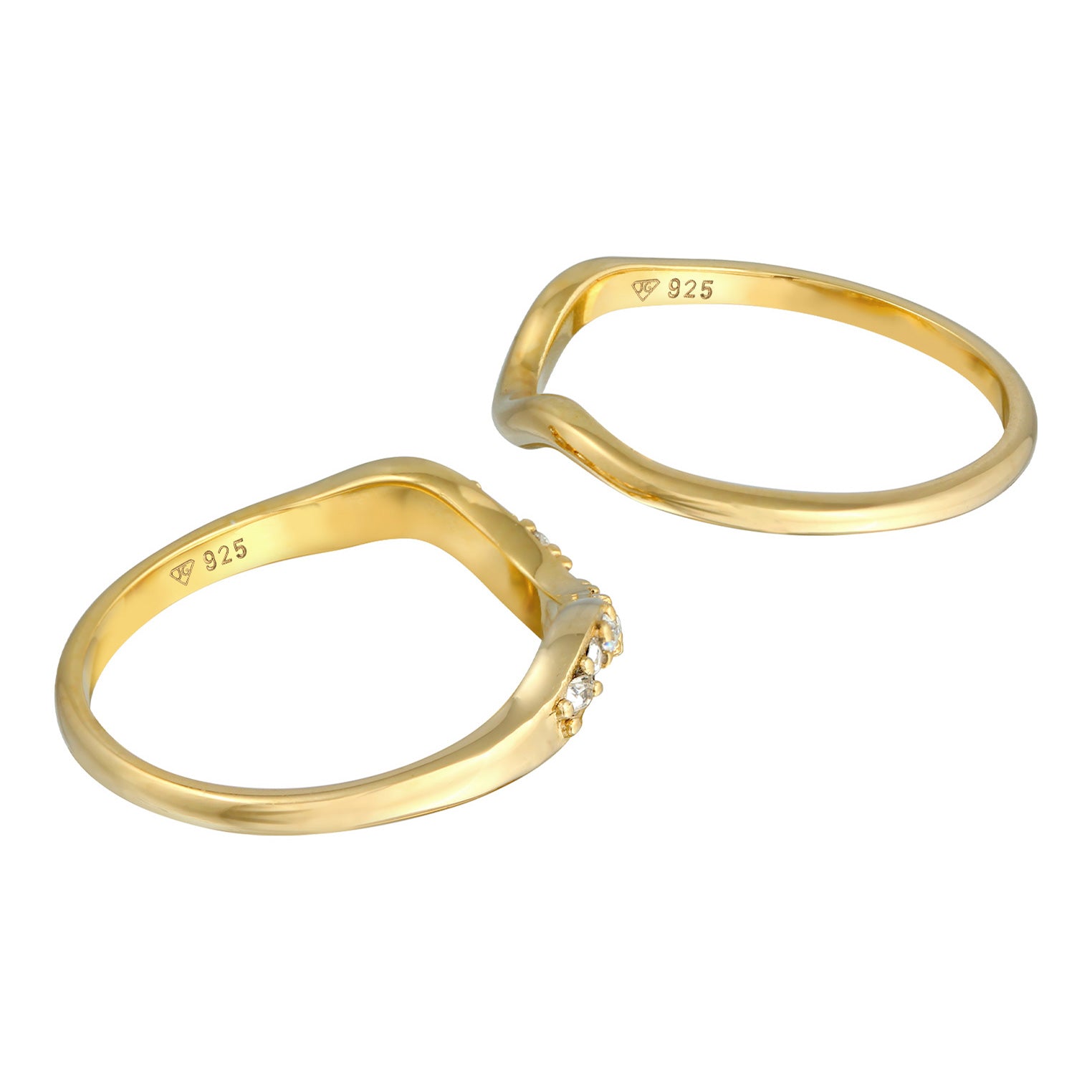 Gold - Elli | Ringset Welle | Kristallen (Weiß)| 925er Sterling Silber Vergoldet