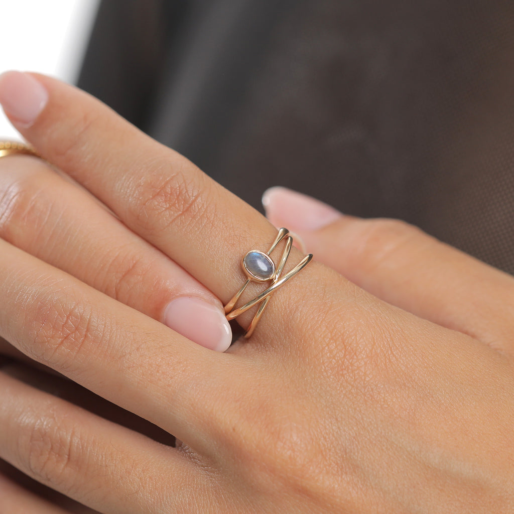 Gold - Elli PREMIUM | Solitär-Ring Verlobung | Labradorit ( Grau ) | 375er Gelbgold