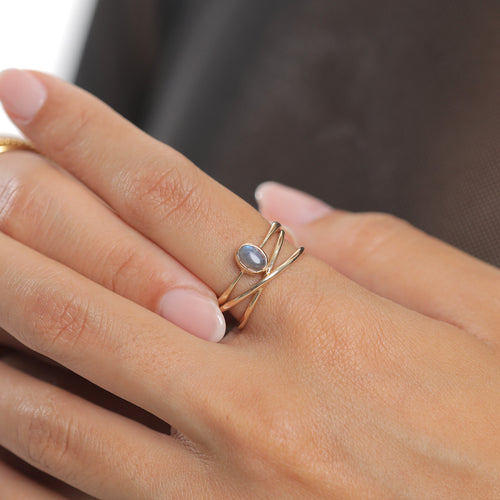 Gold - Elli PREMIUM | Solitär-Ring Verlobung | Labradorit ( Grau ) | 375er Gelbgold