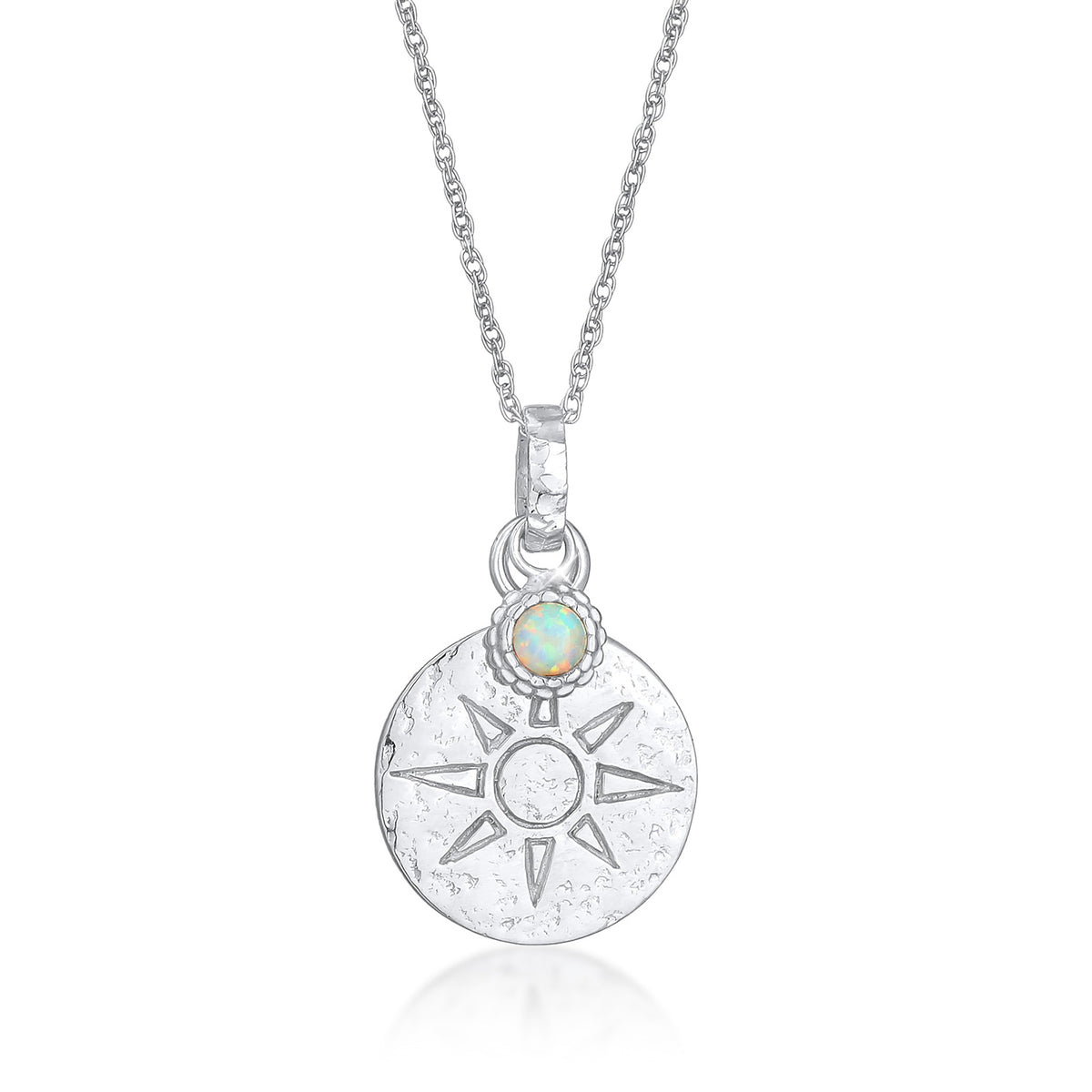 Silber - Elli | Halskette Plättchen Sonne | Synthetischer Opal (Weiß) | 925er Sterling Silber