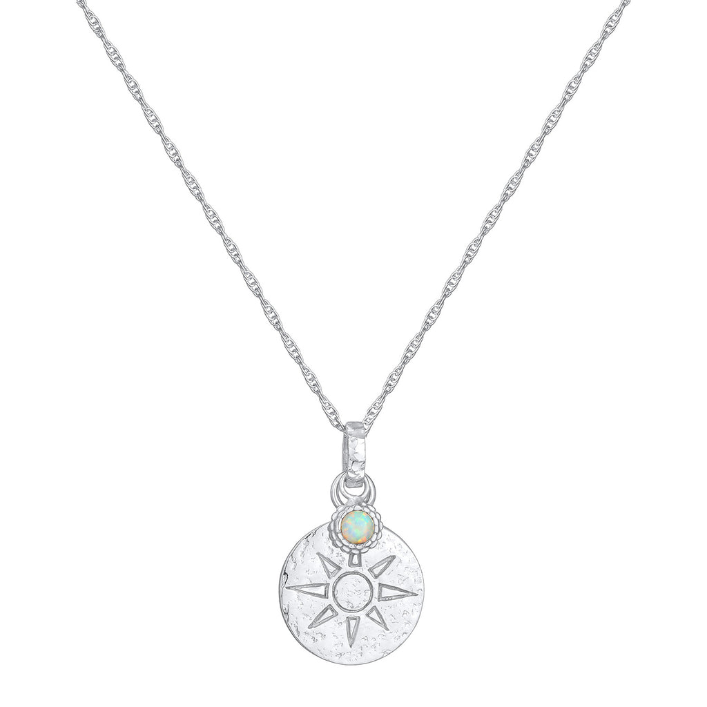 Silber - Elli | Halskette Plättchen Sonne | Synthetischer Opal (Weiß) | 925er Sterling Silber