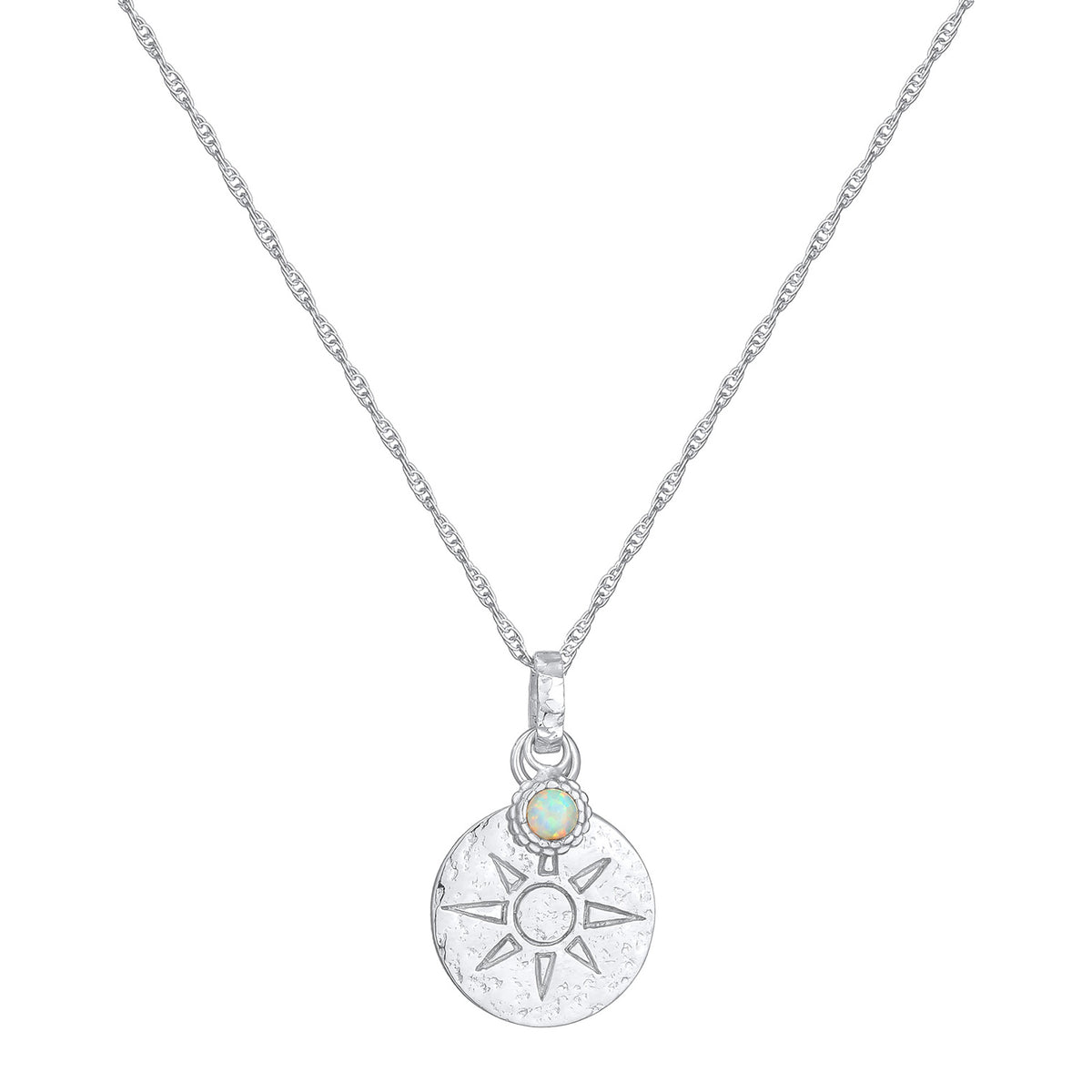 Silber - Elli | Halskette Plättchen Sonne | Synthetischer Opal (Weiß) | 925er Sterling Silber