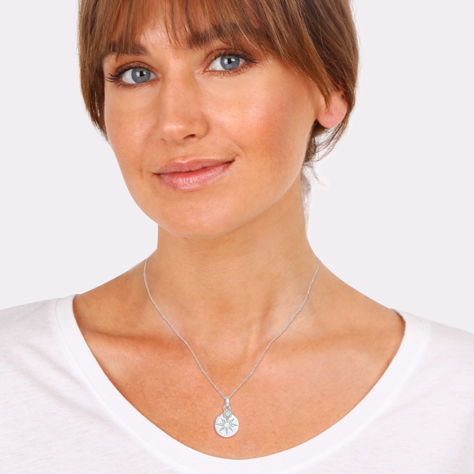 Silber - Elli | Halskette Plättchen Sonne | Synthetischer Opal (Weiß) | 925er Sterling Silber