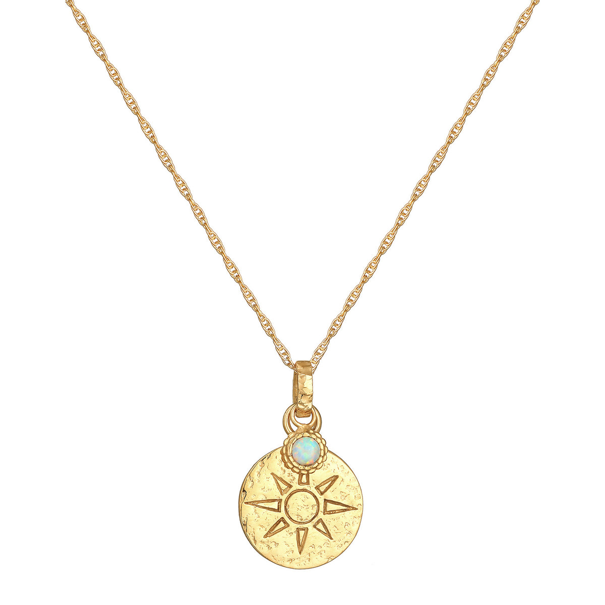 Gold - Elli | Halskette Plättchen Sonne | Synthetischer Opal ( Weiß ) | 925er Sterling Silber