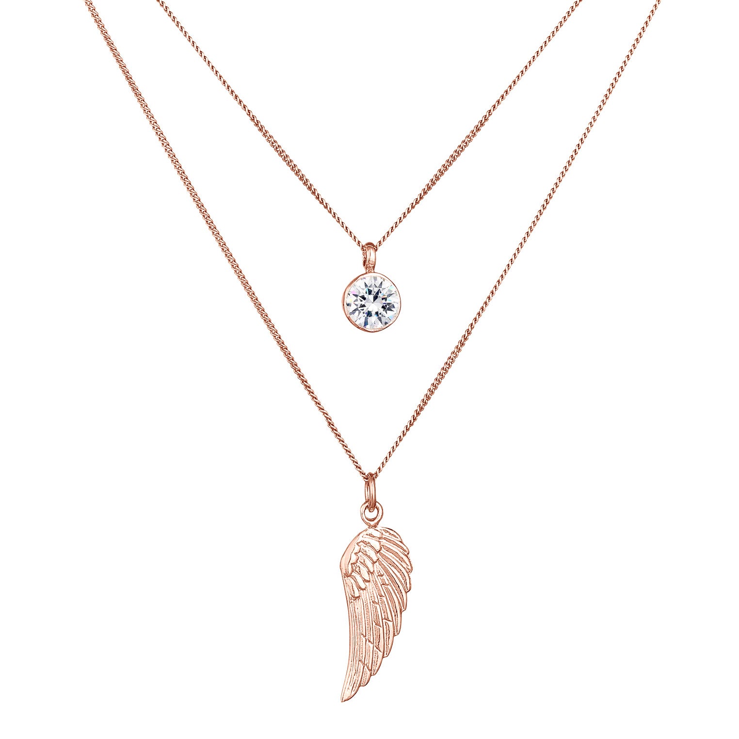 Roségold - Elli | Layer-Halskette Flügel | Mit Kristallen von Swarovski® (Weiß) | 925er Sterling Silber
