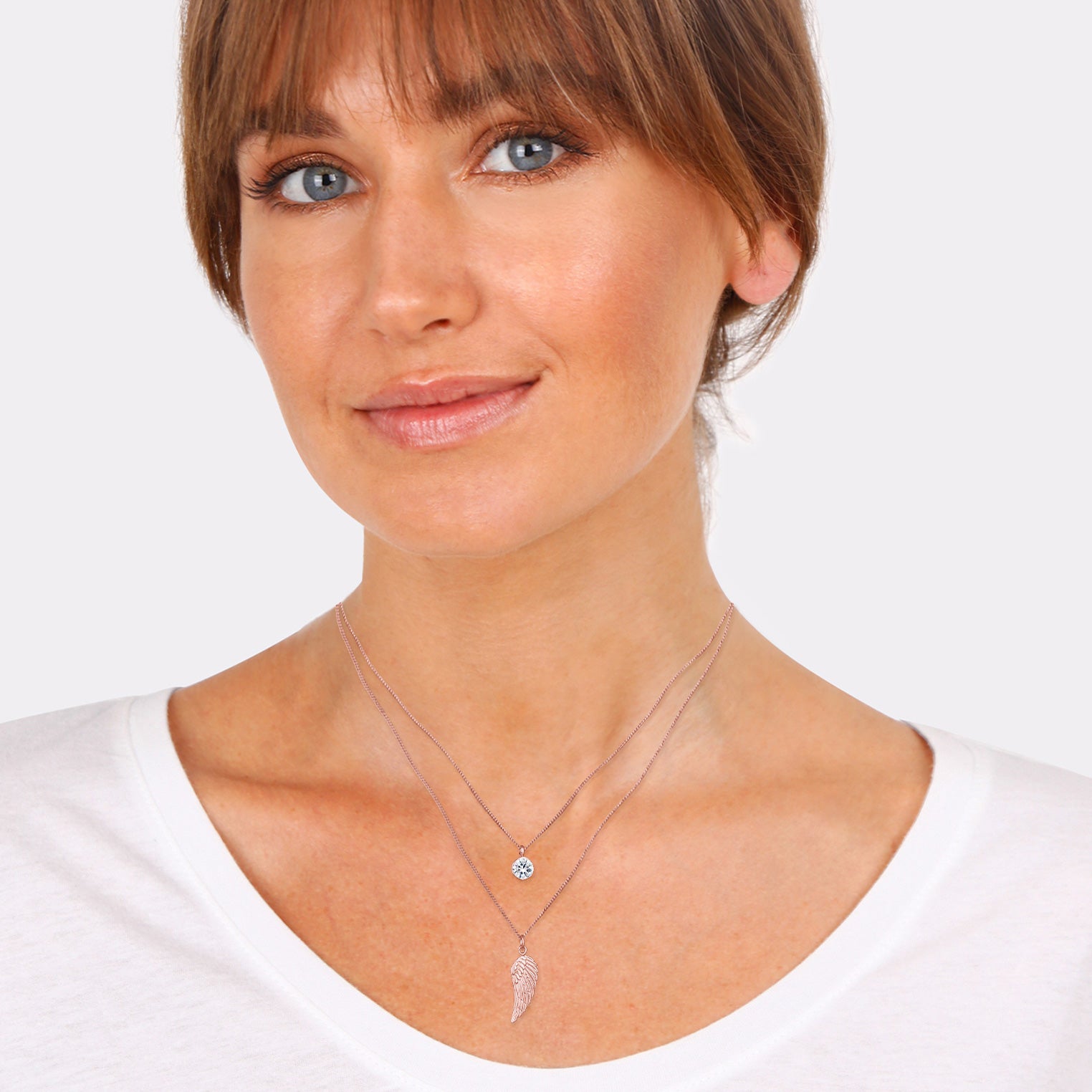 Roségold - Elli | Layer-Halskette Flügel | Mit Kristallen von Swarovski® (Weiß) | 925er Sterling Silber