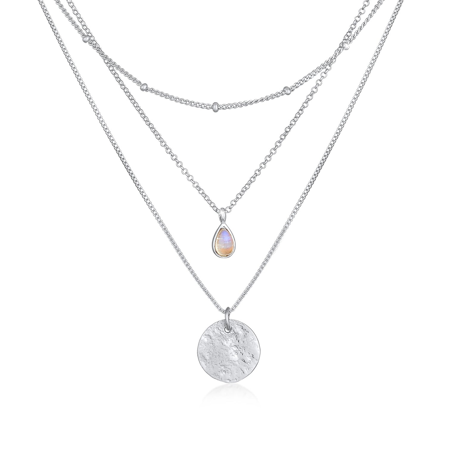 Silber - Elli PREMIUM | Venezianer-Layer-Halskette | Mondstein (Weiß) | 925 Sterling Silber vergoldet