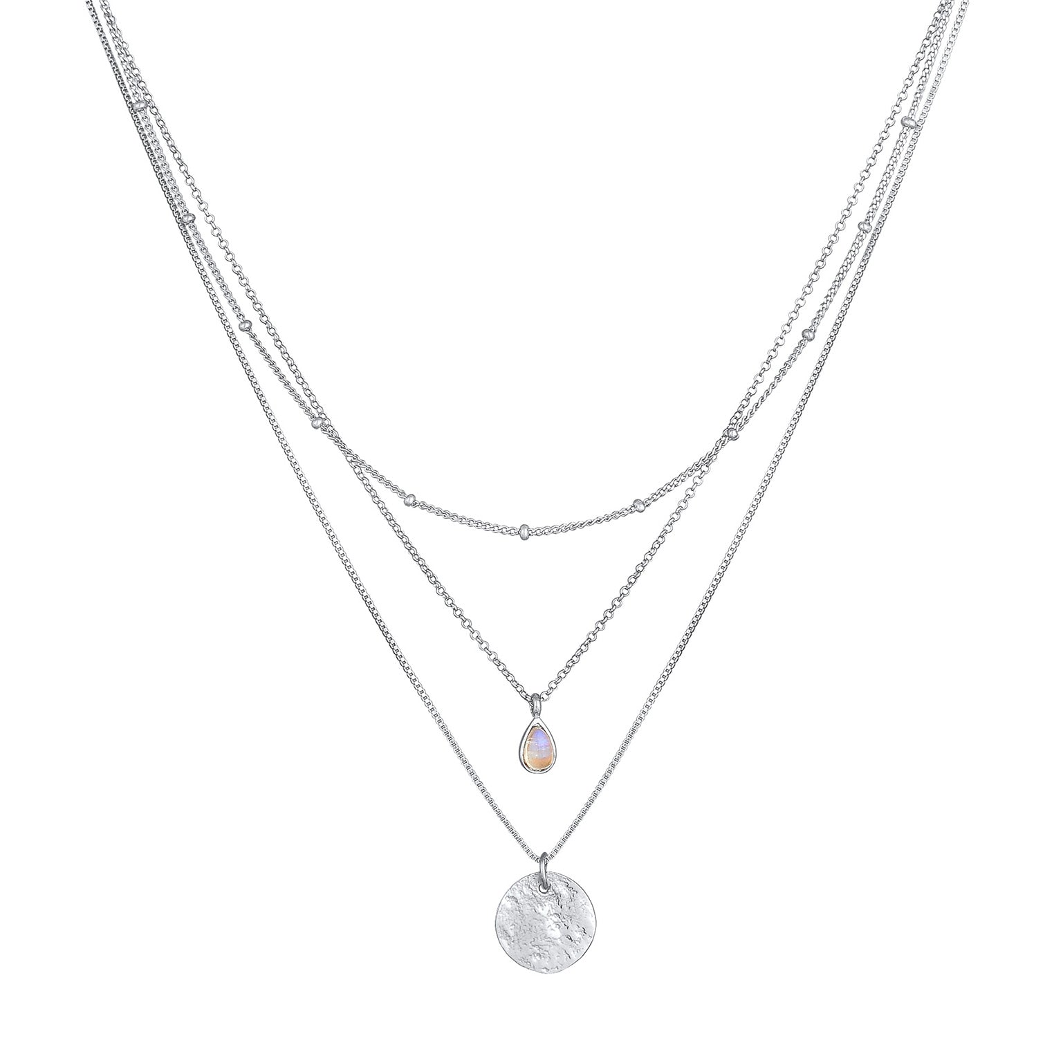 Silber - Elli PREMIUM | Venezianer-Layer-Halskette | Mondstein (Weiß) | 925 Sterling Silber vergoldet