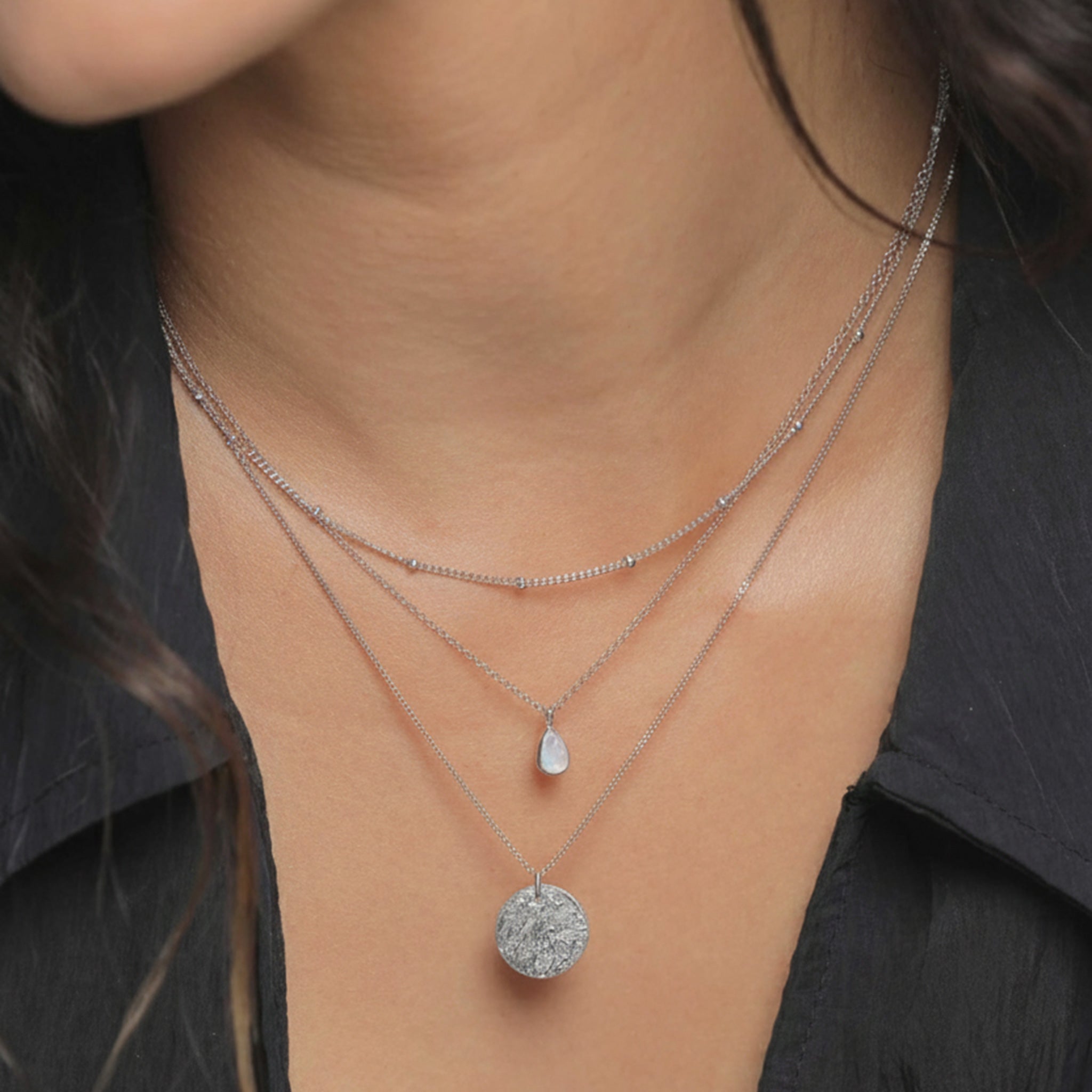 Silber - Elli PREMIUM | Venezianer-Layer-Halskette | Mondstein (Weiß) | 925 Sterling Silber vergoldet