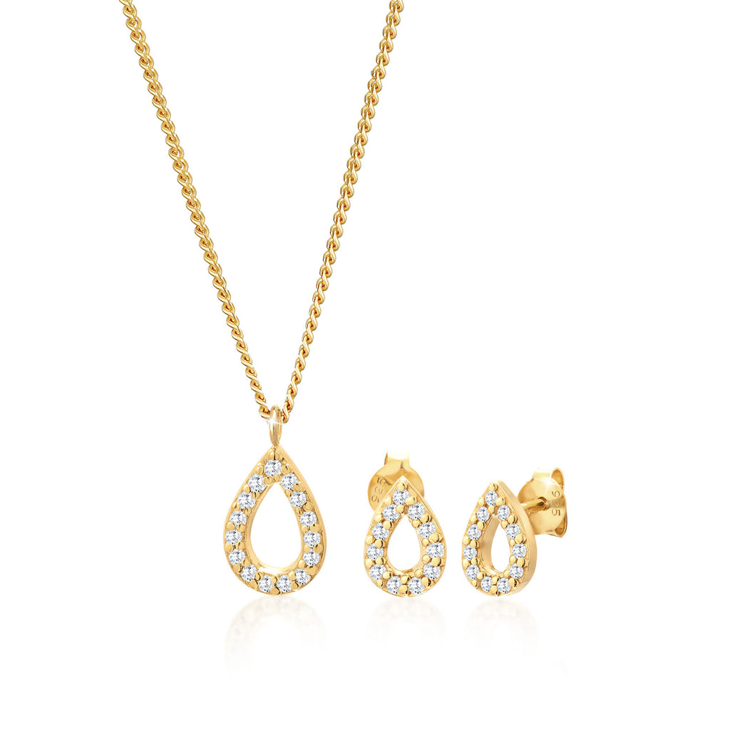Gold - Elli | Schmuckset Tropfen | Zirkonia ( Weiß ) | 925er Sterling Silber