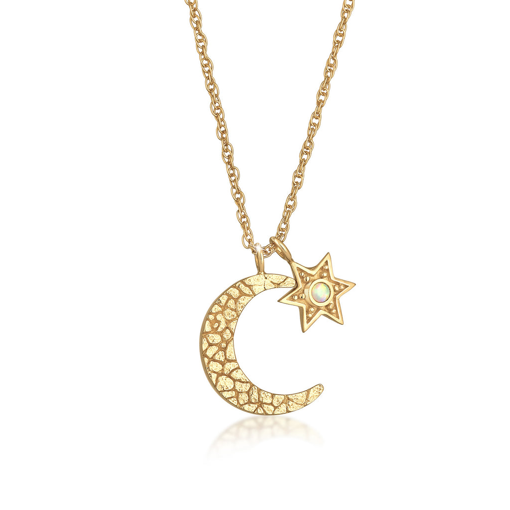 Gold - Elli | Halskette Mond Stern | synth. Opal (Weiß) | 925er sterling Silber Vergoldet