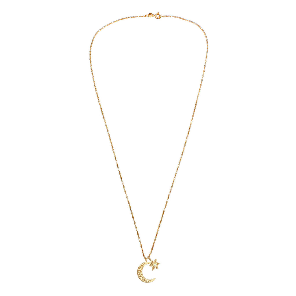 Gold - Elli | Halskette Mond Stern | synth. Opal (Weiß) | 925er sterling Silber Vergoldet